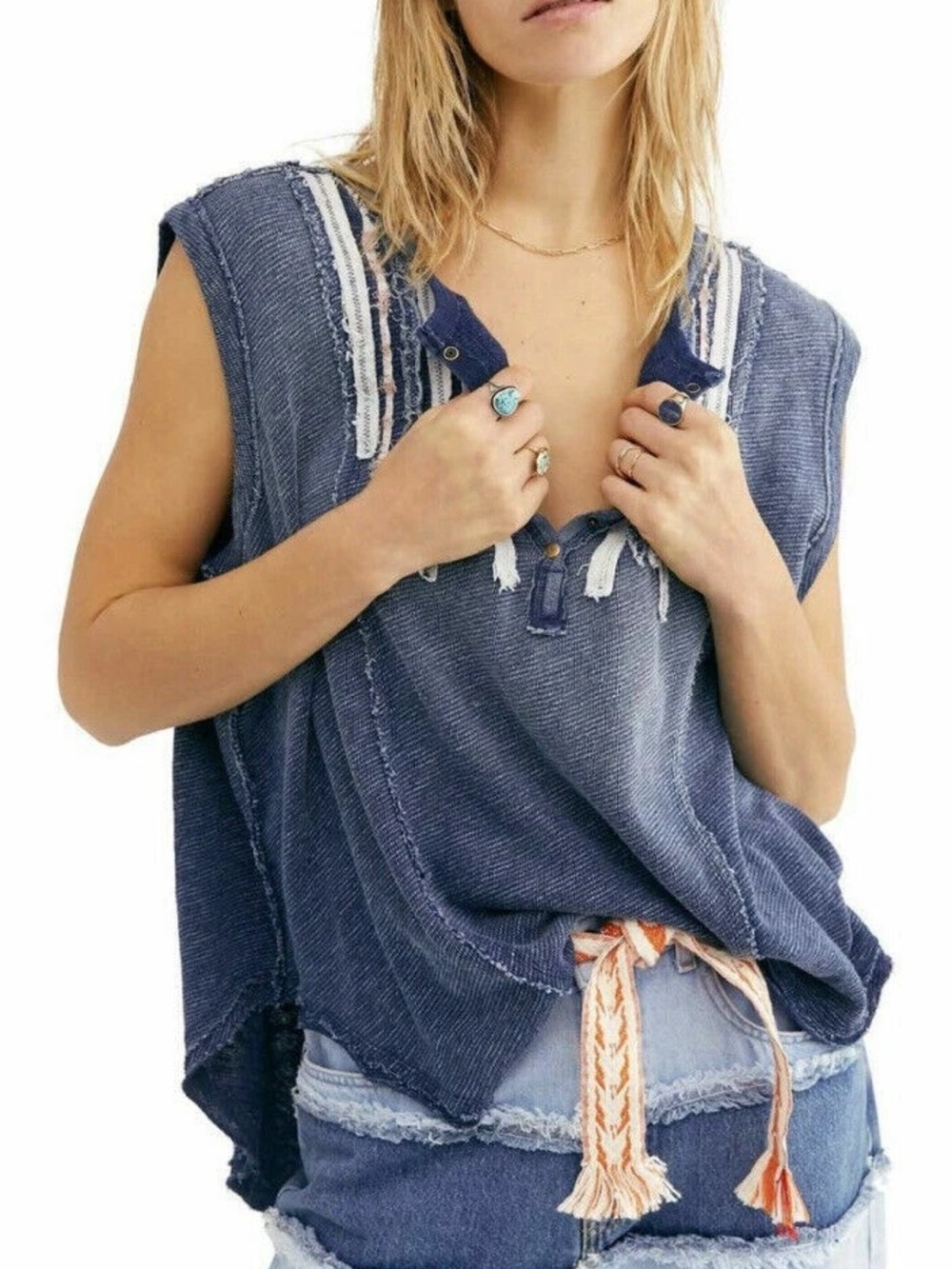 Free People Harvey Muscle Indigo Combo Oversized Sleeveless T-Shirt  XL